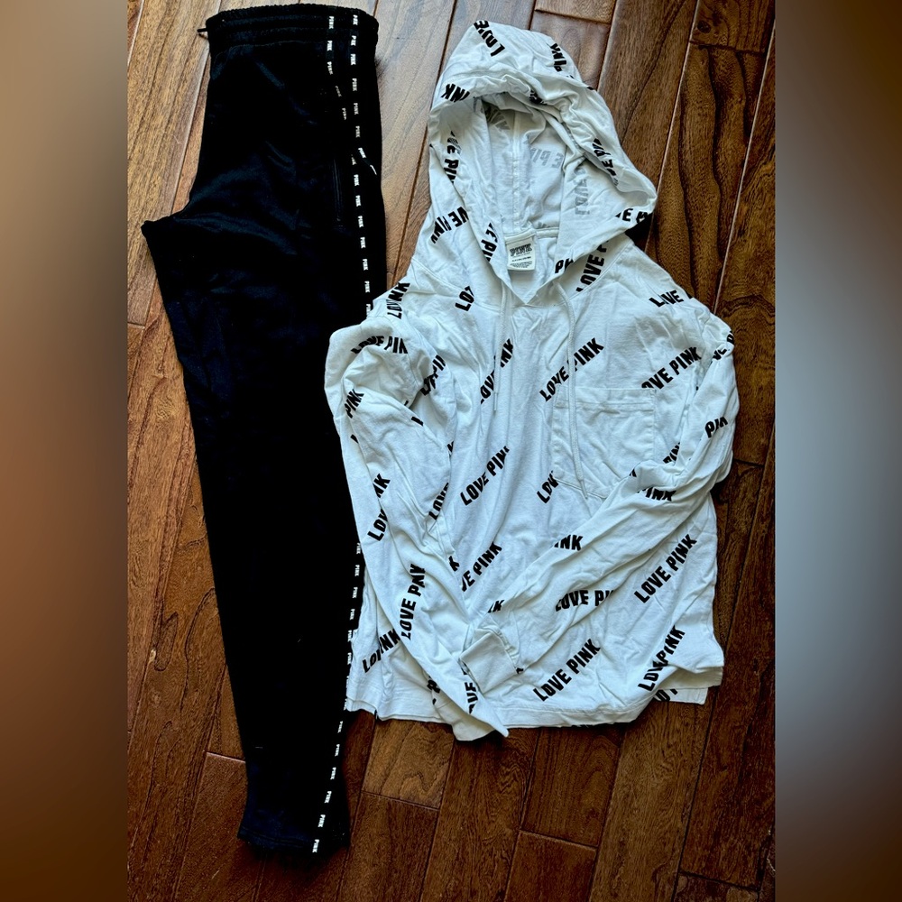 PINK by Victoria’s Secret white l/s hooded tee sz S and black sporty pants sz S